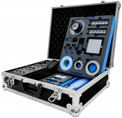 Industrial illumination case14A PwrSupply,16 lights,12 dif,3 optics,1 c-mount lens,6cables,2 filters